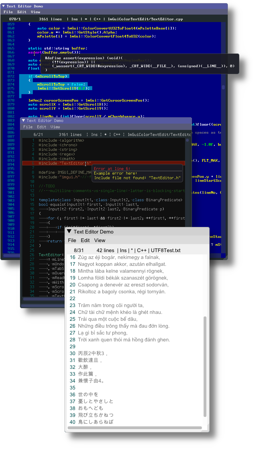 ImGuiColorTextEdit: syntax highlighting editor with multiple color palettes.