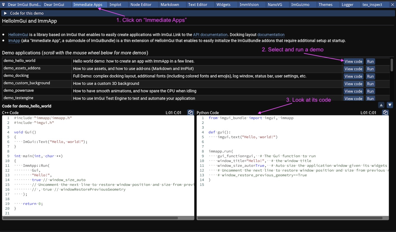 A screenshot of ImGui Bundle Explorer, showing how to open example apps and show their source code