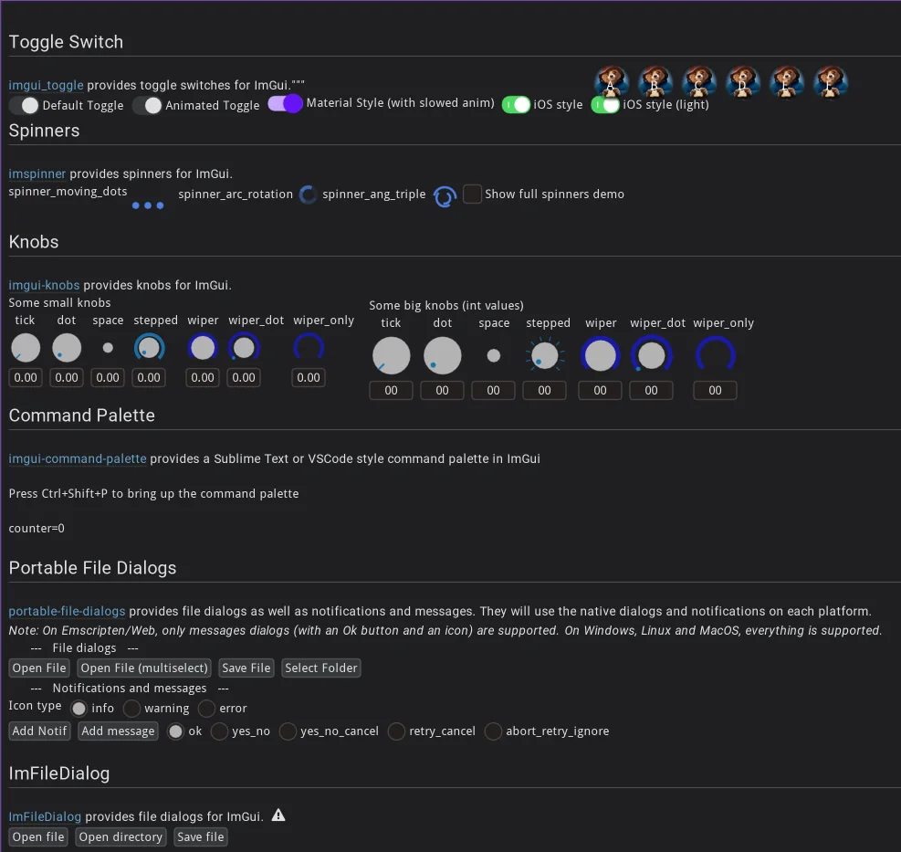 Widgets demo showcasing knobs, toggles, spinners, coolbar, and more.