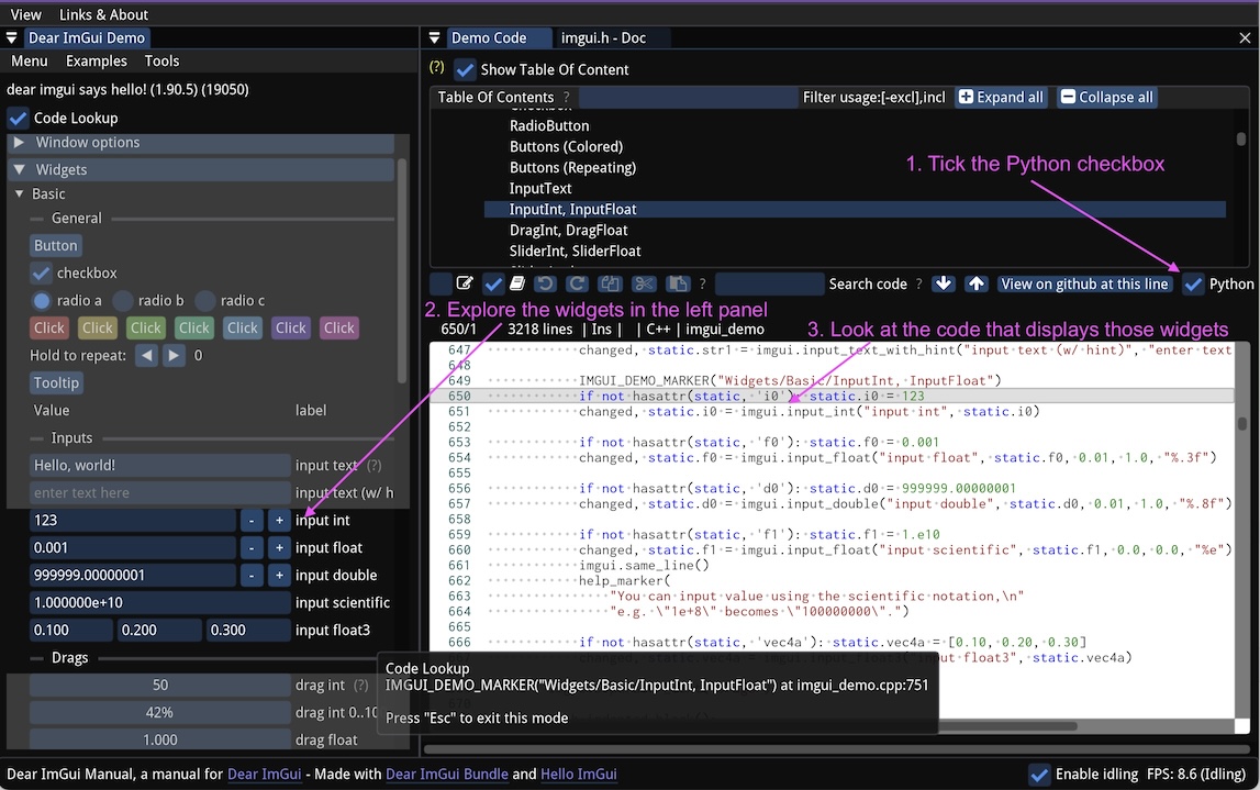 A screenshot of ImGui Manual, showing how to use a widget together with the related python code