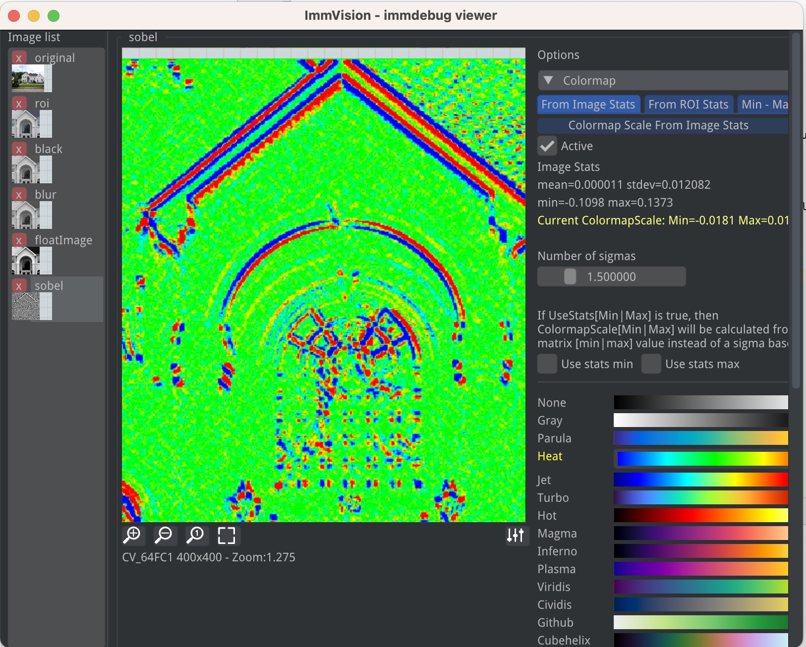 The immdebug viewer displaying images sent from a running program.