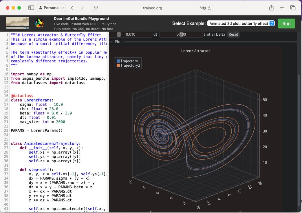 A browser window showing the playground: to the right an interactive demo of the butterfly effect using a 3D plot, and to the left the python code that creates it.